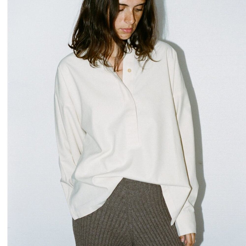 Baserange Stoa Ahimsa Wild Silk Blouse Undyed XS NWT Long Sleeve Pointed Collar